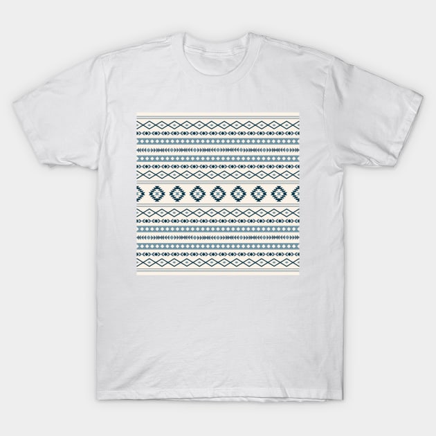 Aztec Mixed Motifs Pattern Blues on Cream T-Shirt by NataliePaskell